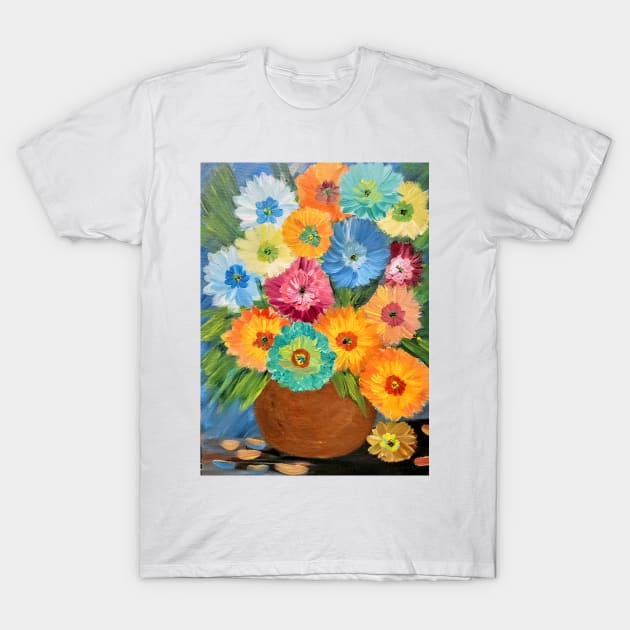 Some abstract flowers in metallic and neon paint in copper and gold vase T-Shirt by kkartwork